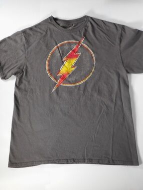 DC Comics The Flash Logo Mens L Gray Tshirt Lightning Bolt Circle 100% Cotton